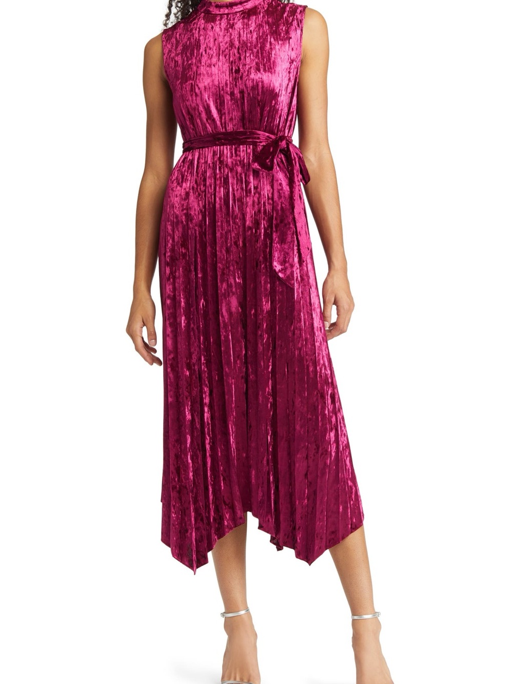Tahari ASL Sleeveless Velvet Asymmetrical Dress in Berry